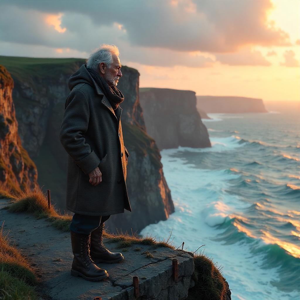 Elderly figure at cliff edge in warm light