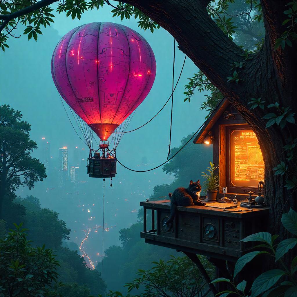 Neon Cyberpunk Treehouse with Balloon
