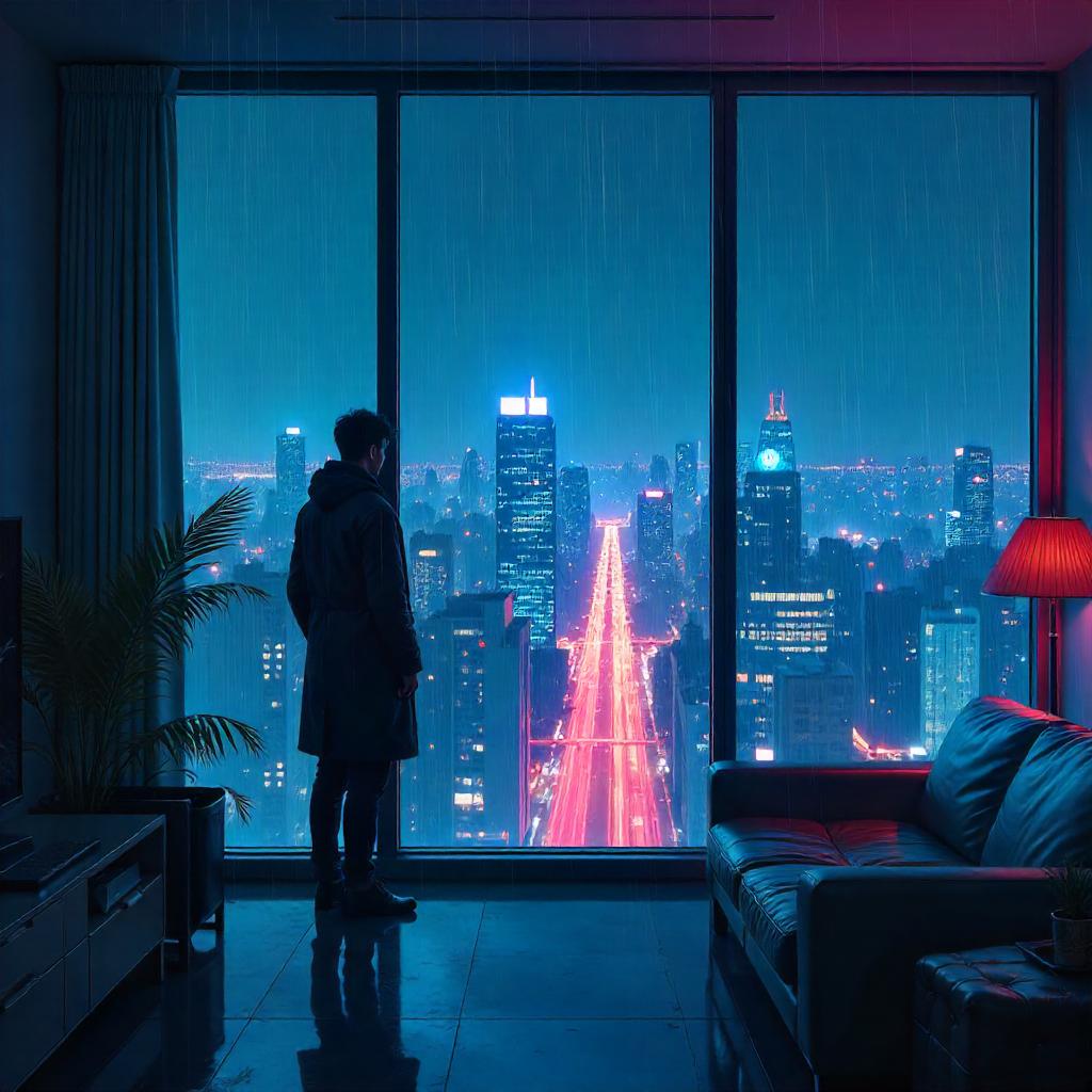 Rainy Night in a Skyscraper - Anime Style