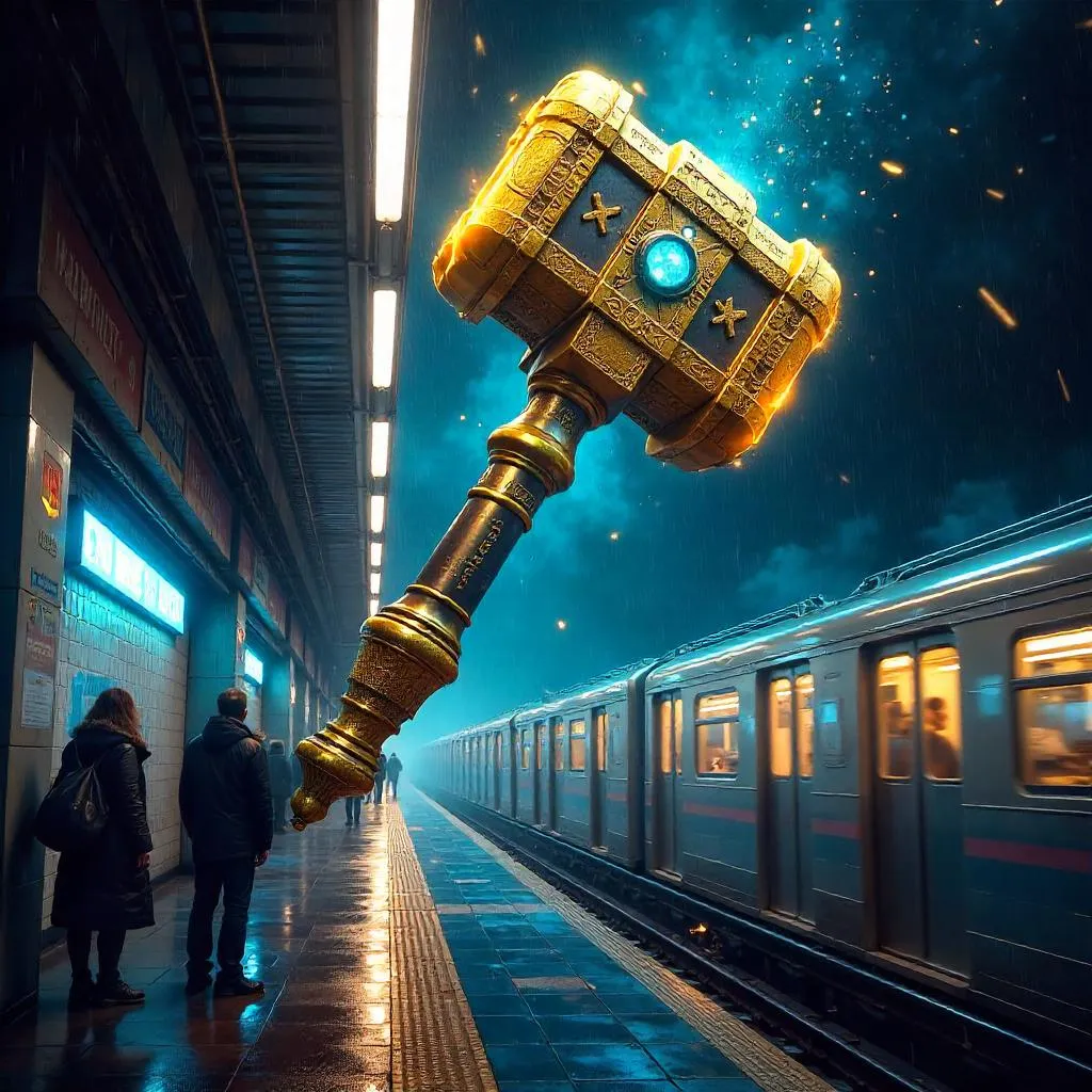 Divine Hammer in a Neon Subway Station
