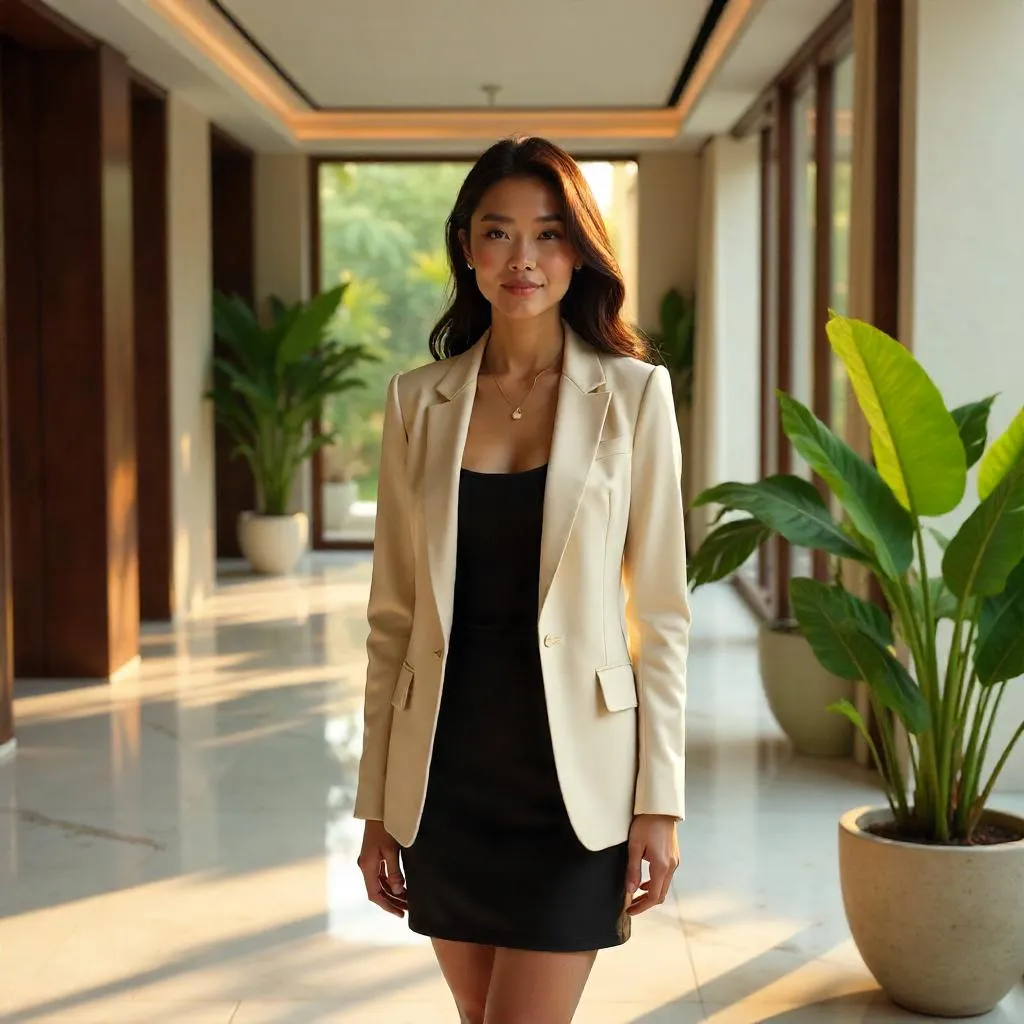 Confident Asian Woman in a Sunlit Luxury Villa