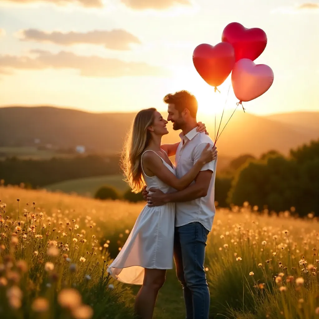 Romantic Embrace with Heart Balloons in the Meadow