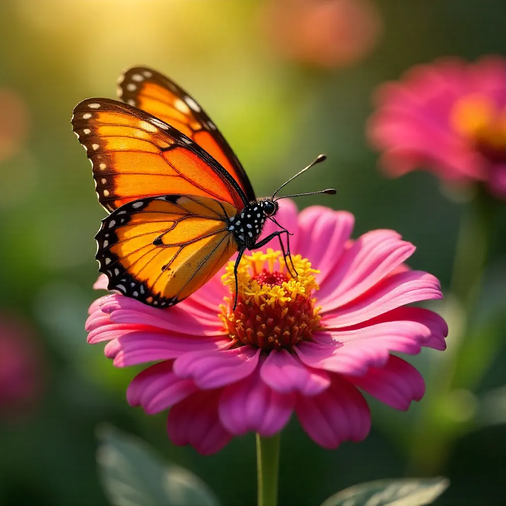 Sunlit Orange Butterfly on Pink Zinnia