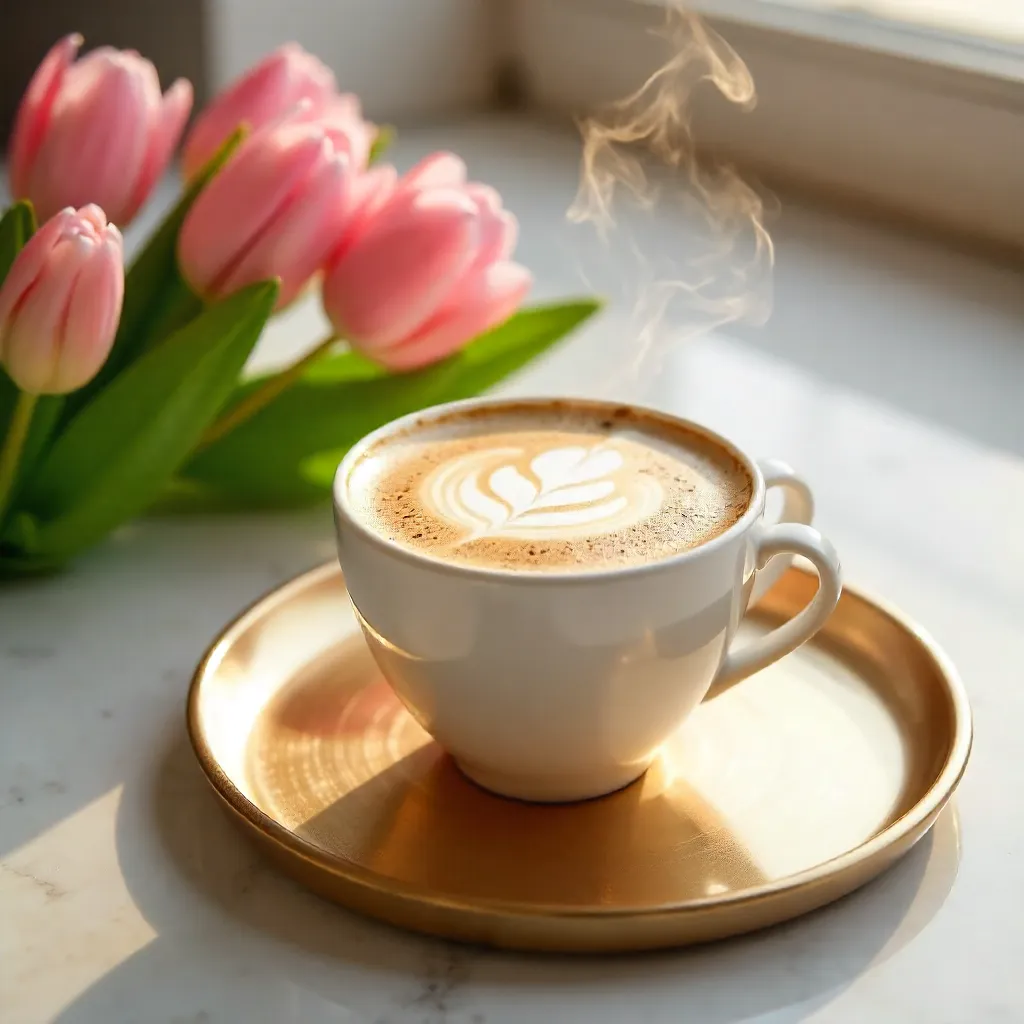 Stylish Latte on Gold Tray with Pink Tulips