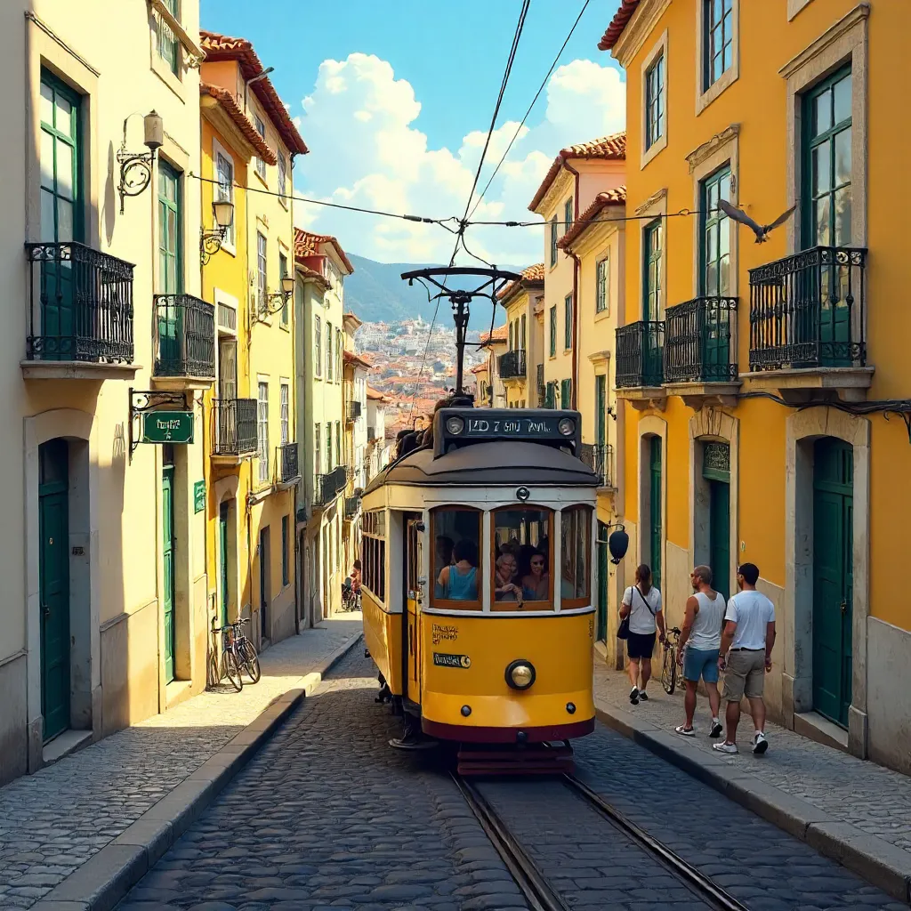 Vintage Yellow Tram in Lisbon's Cobblestone Streets