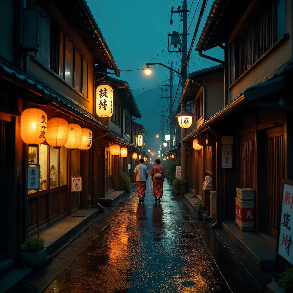 Lantern-lit Night on a Traditional Japanese Street