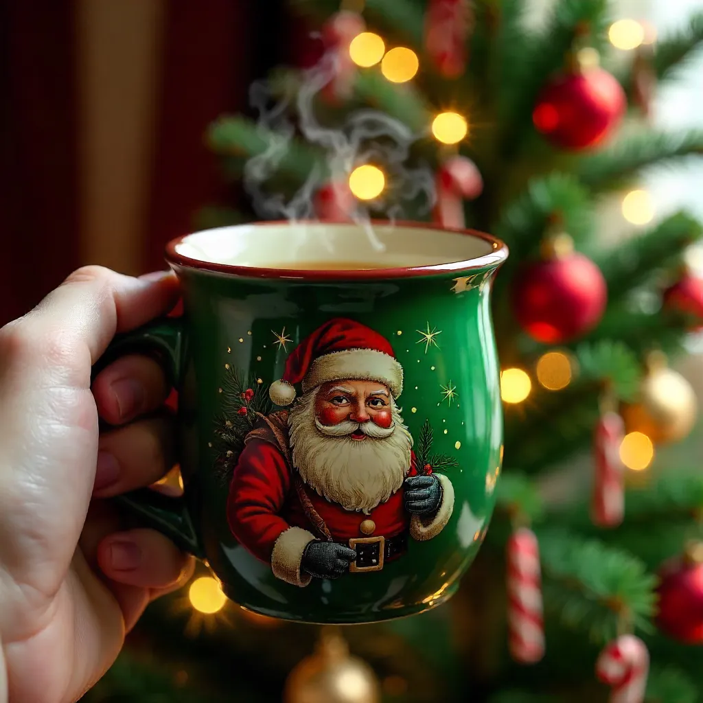 Santa Mug in Front of a Decorated Christmas Tree
