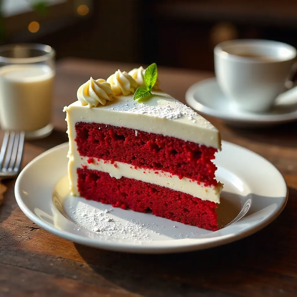 Velvet Red Cake Slice in Cozy Dessert Setting