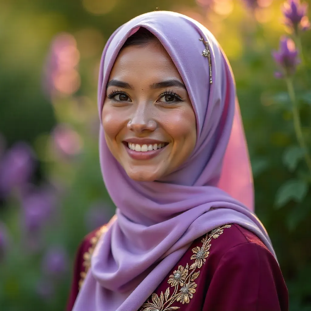 Vibrant Portrait: Lavender Hijab and Embroidered Maroon Dress