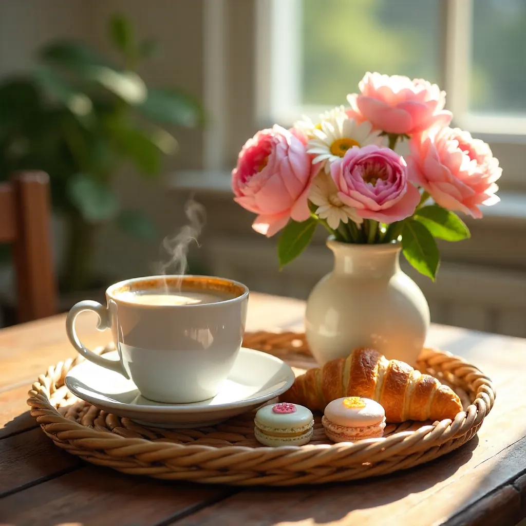 Morning Coffee with Flowers on a Wicker Tray