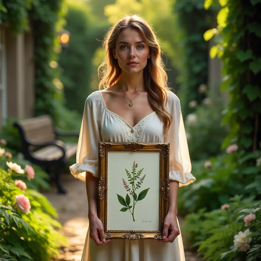Woman with Framed Botanical Print in a Lush Garden