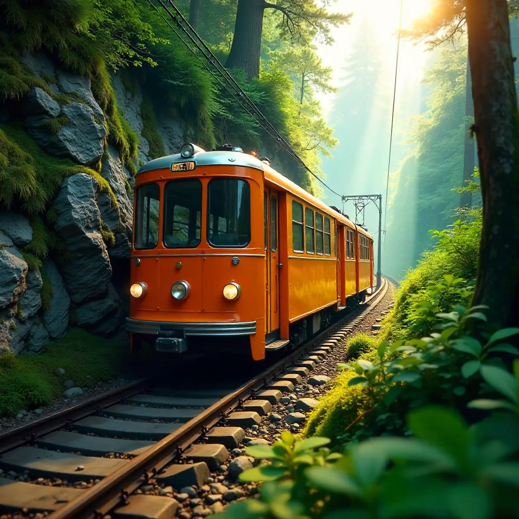 Orange Funicular Rising Through Emerald Forest