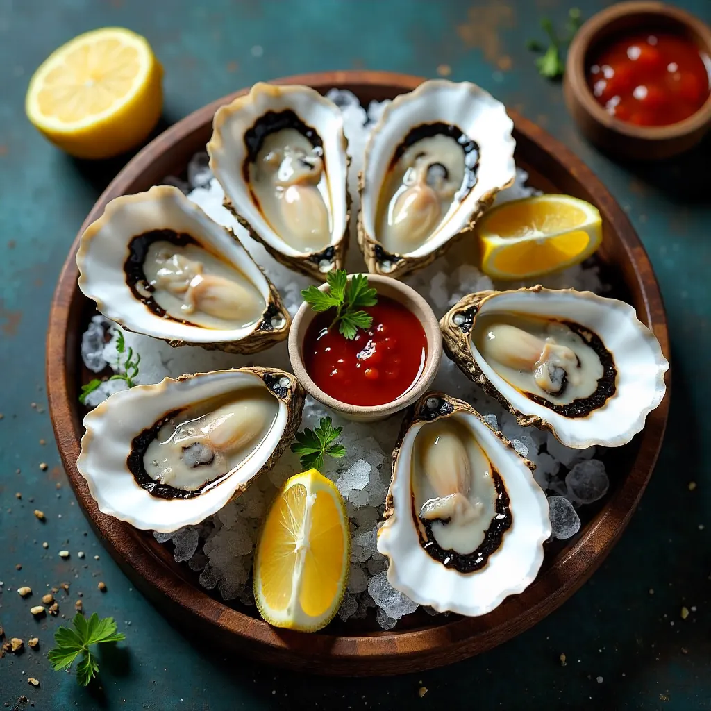 Fresh Oyster Platter on Ice with Lemon and Hot Sauce