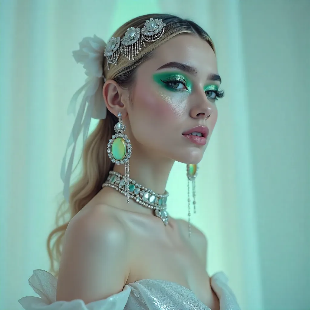 Ethereal Studio Portrait with Bold Makeup and Accessories