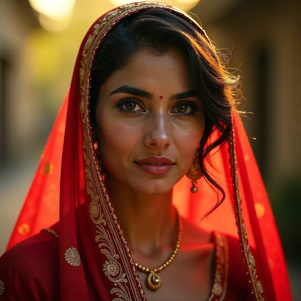 Red Veil Portrait: South Asian Elegance