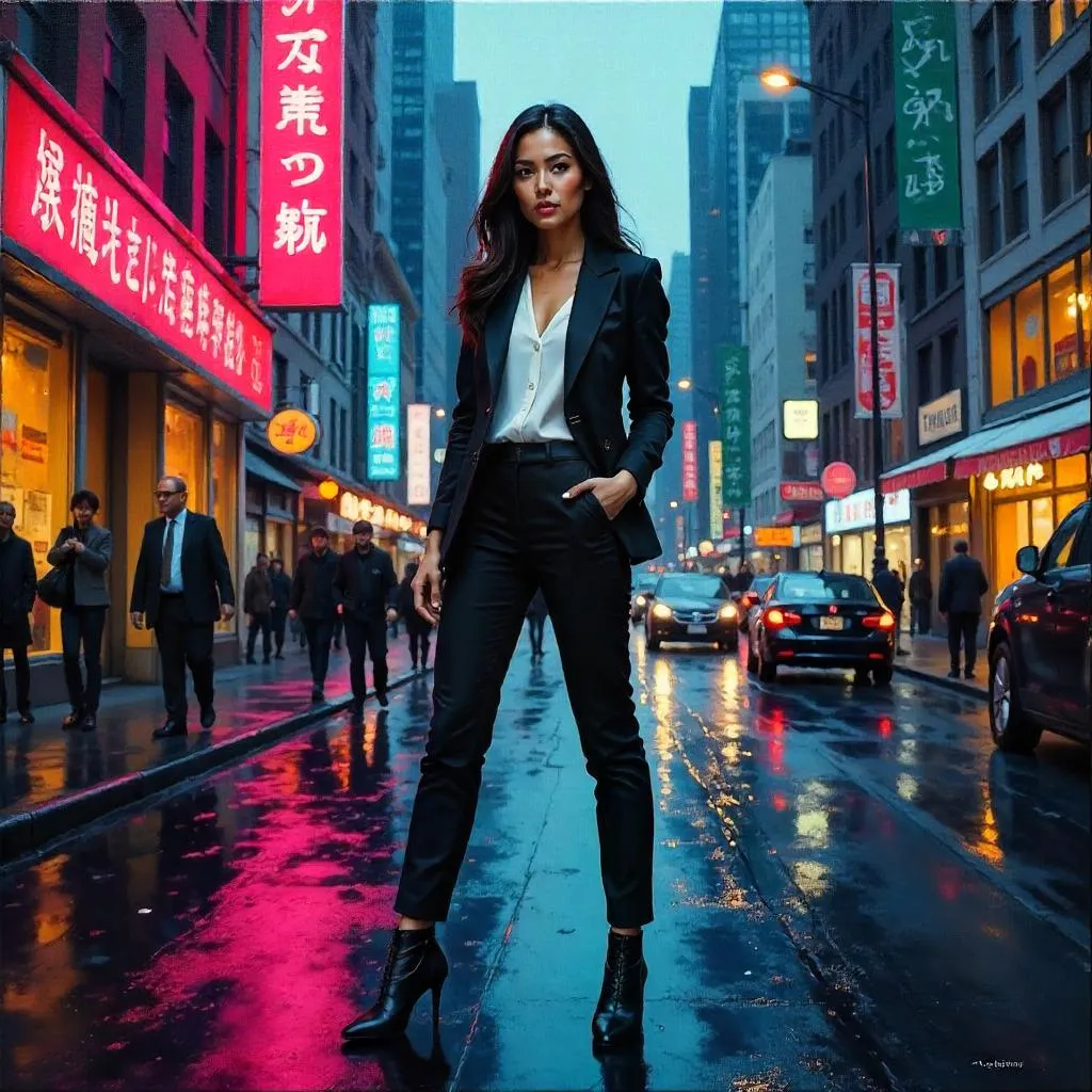 Confident Asian Woman in an Urban Oil Portrait