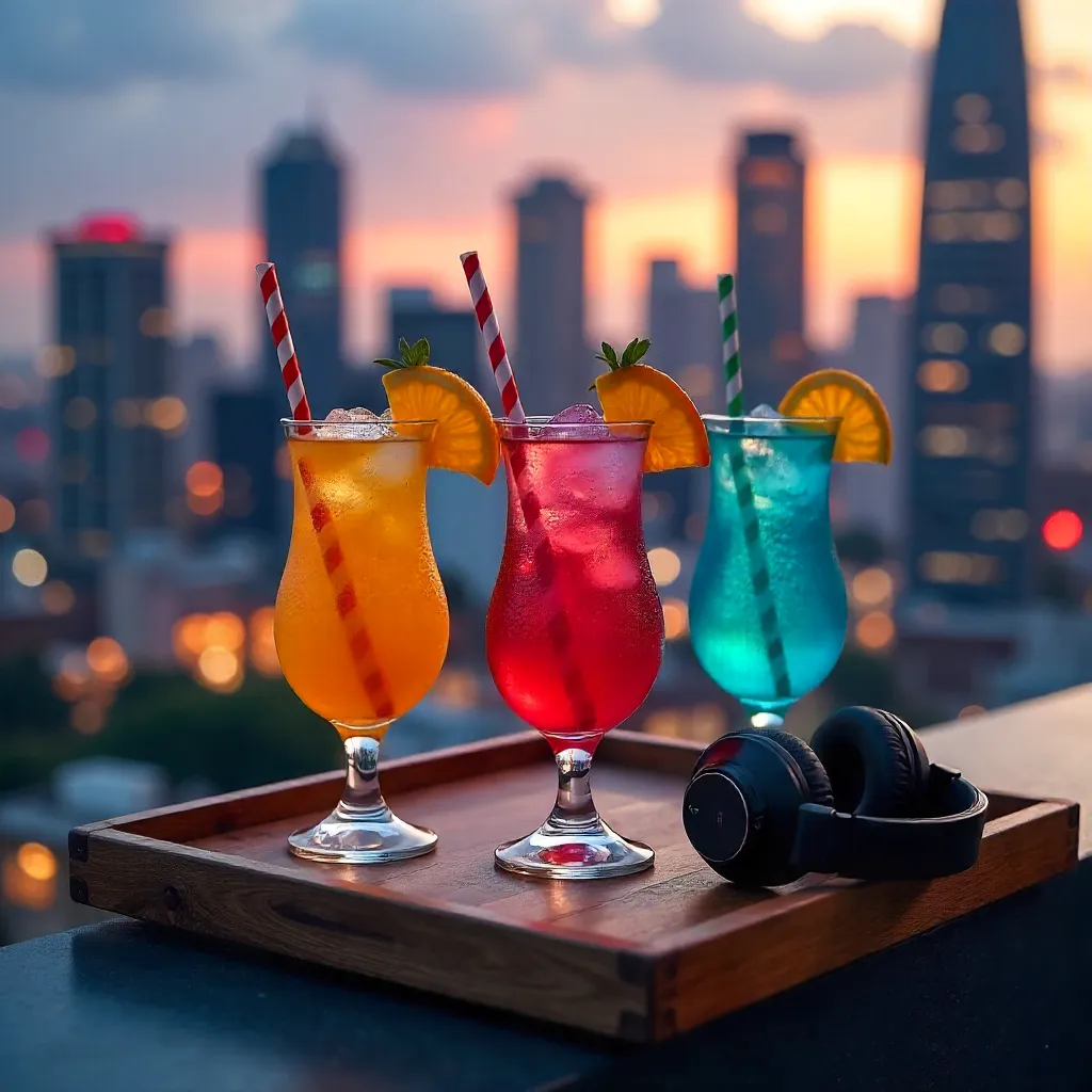 Three Summer Drinks on a Rooftop Tray with Headphones