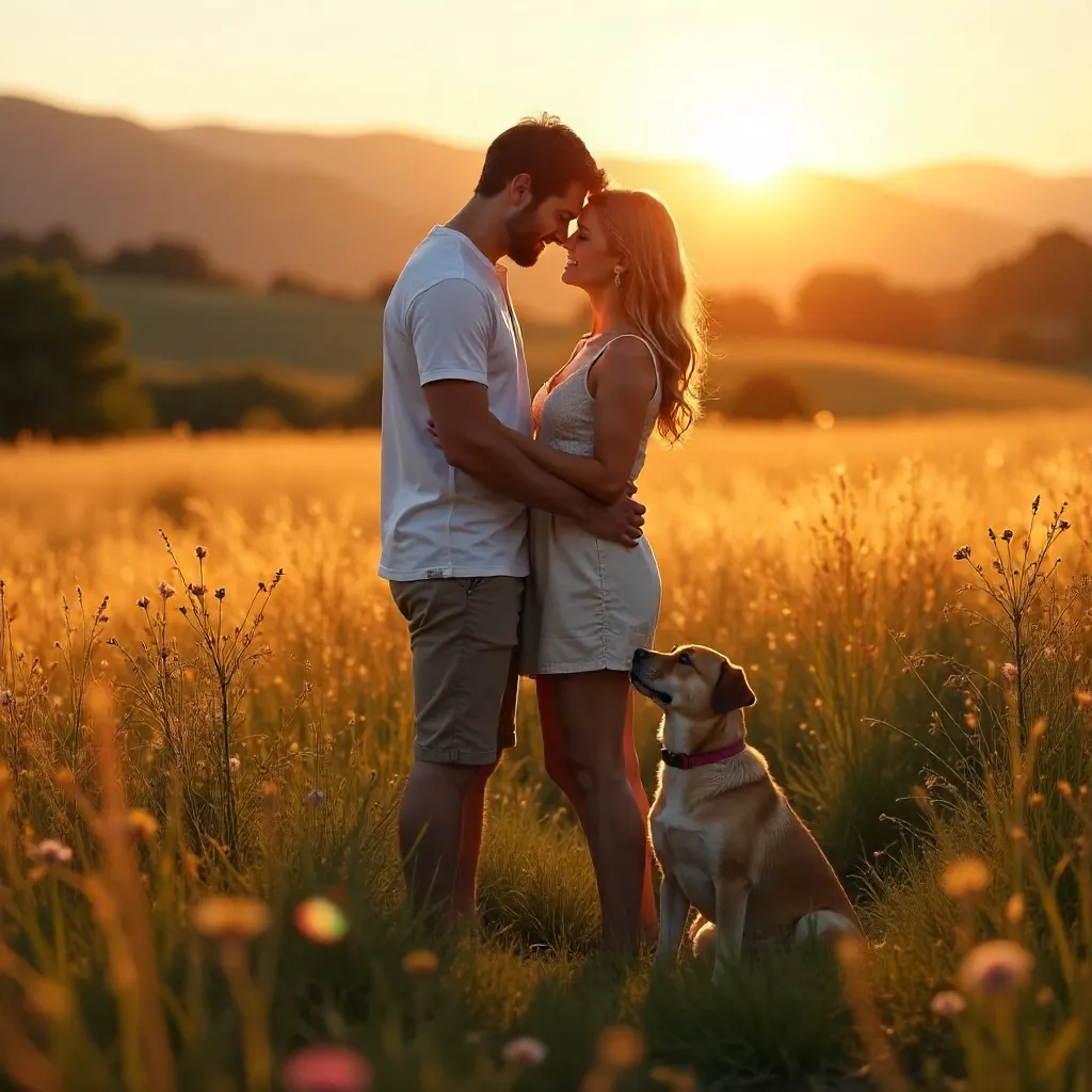 Sunset Embrace: Couple with Dog in a Grassy Field