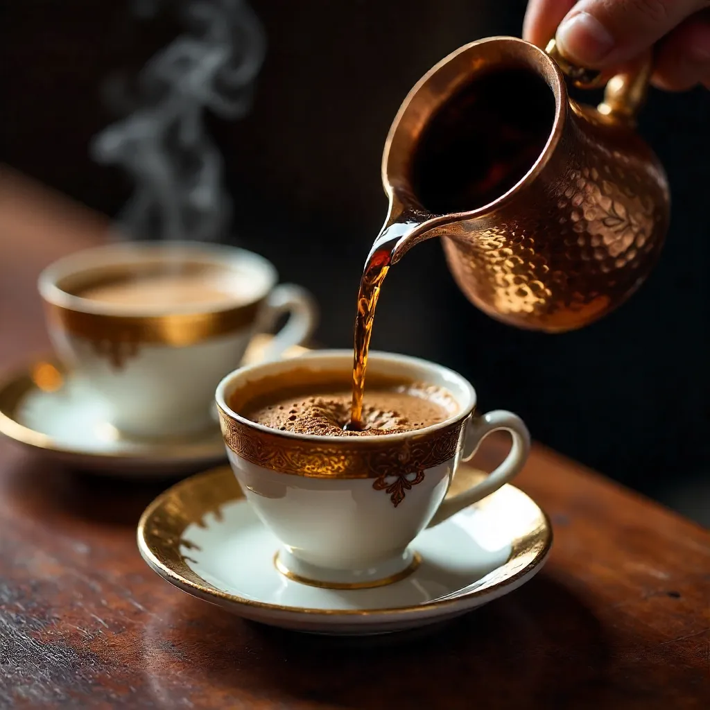 Close-Up Turkish Coffee Pour into Ornate Copper Cups