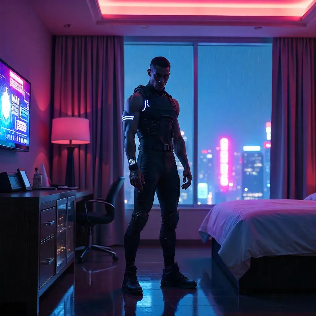 Neon Night Athlete: Cyberpunk in a Hotel Room