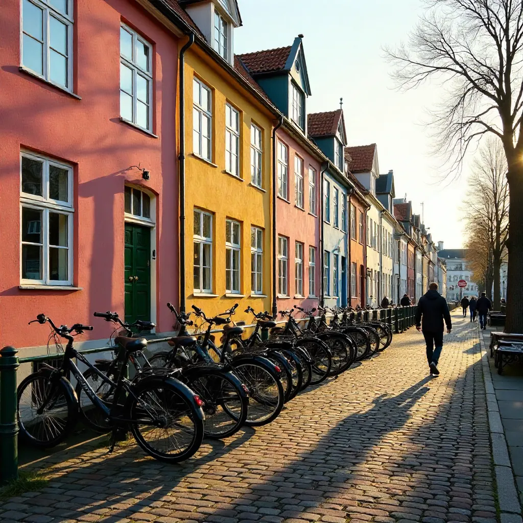 Bicycles Lined Up Along Colorful Copenhagen Facades
