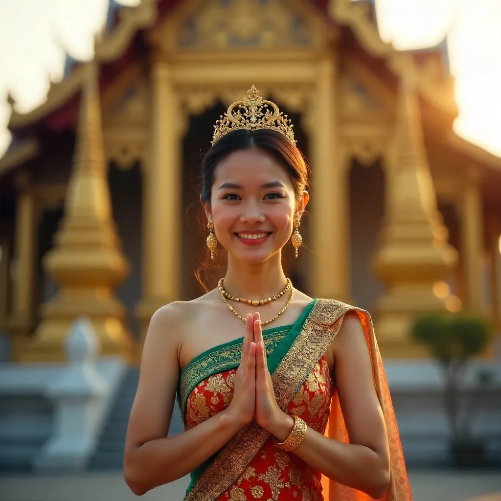 Smiling Woman in Ornate Thai Dress at Temple