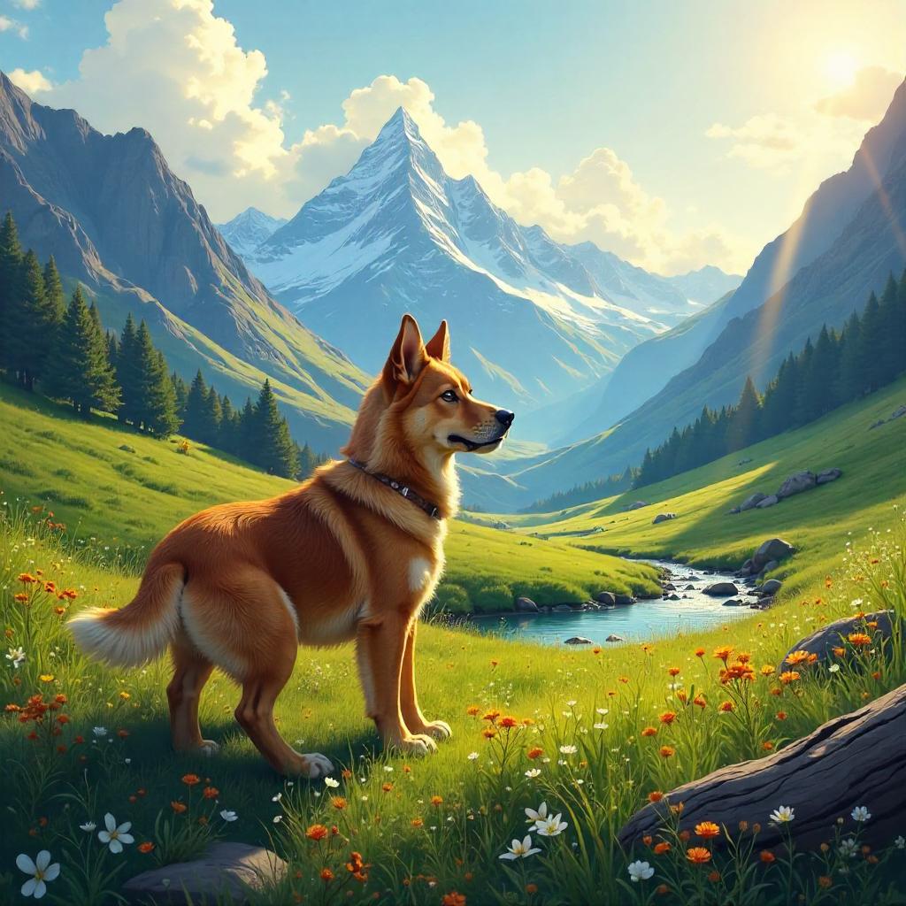 Dog in a Mountain Valley - Digital Art