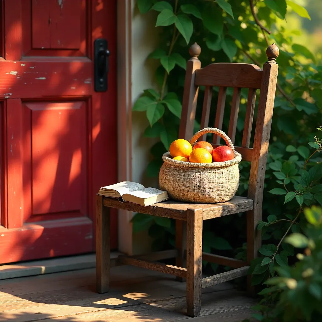 Rustic Charm: Chair, Book, and Fruit by a Red Door