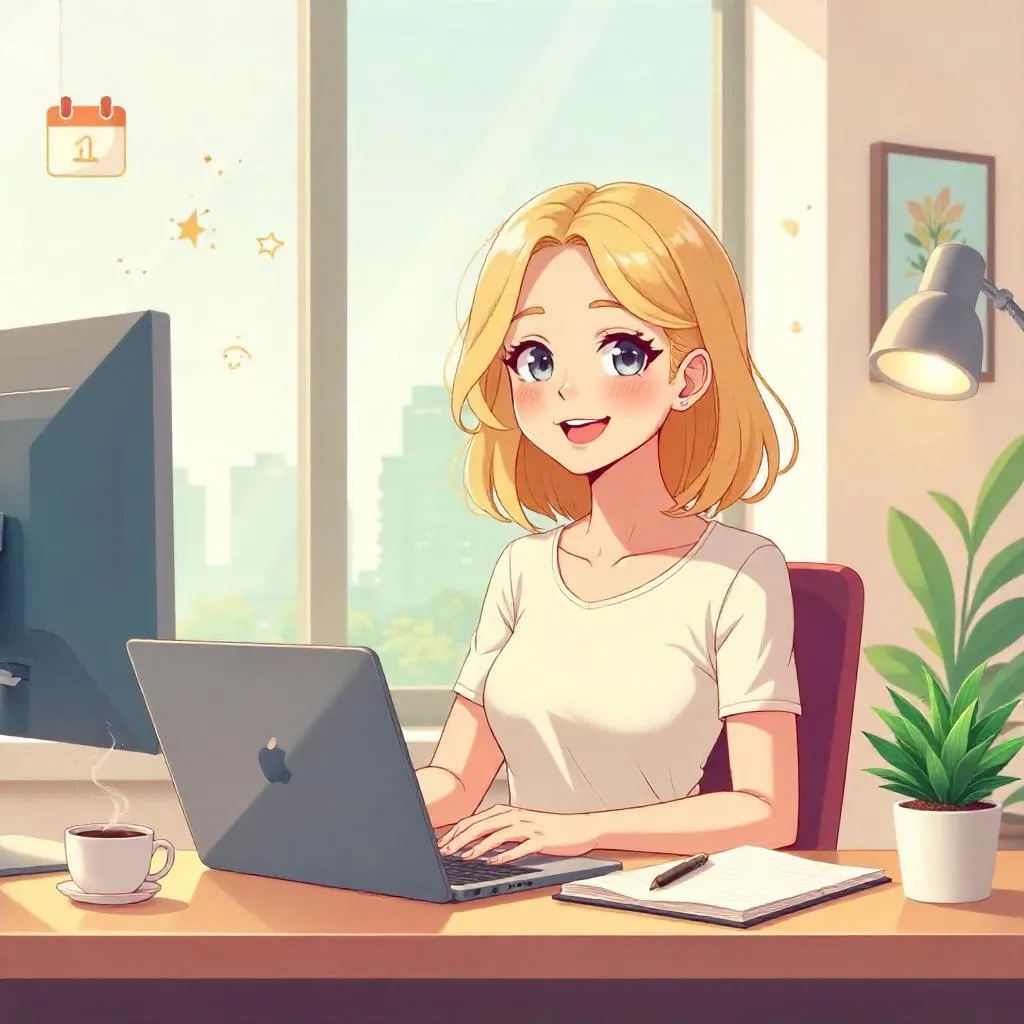 Cheerful Anime Office Worker in a Bright Workspace
