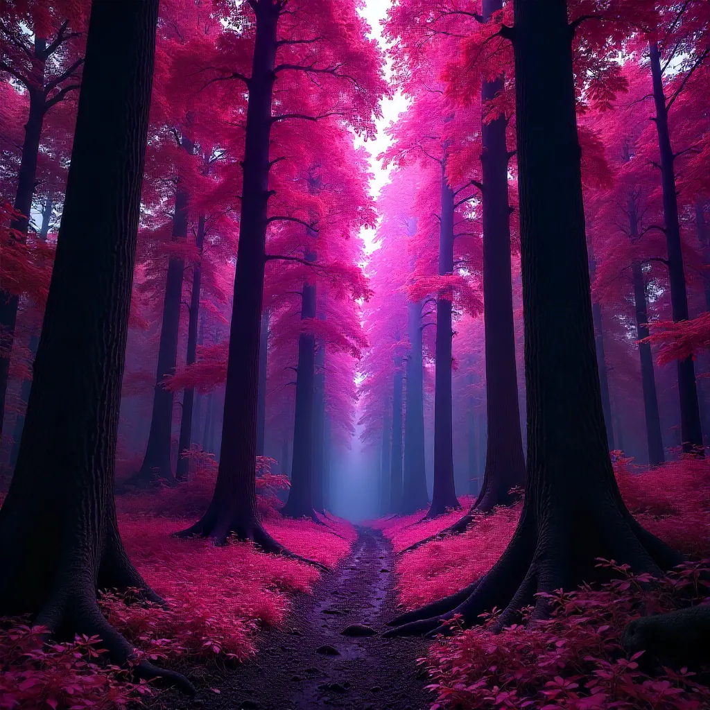 Surreal Infrared Forest: Magenta Foliage Among Giants