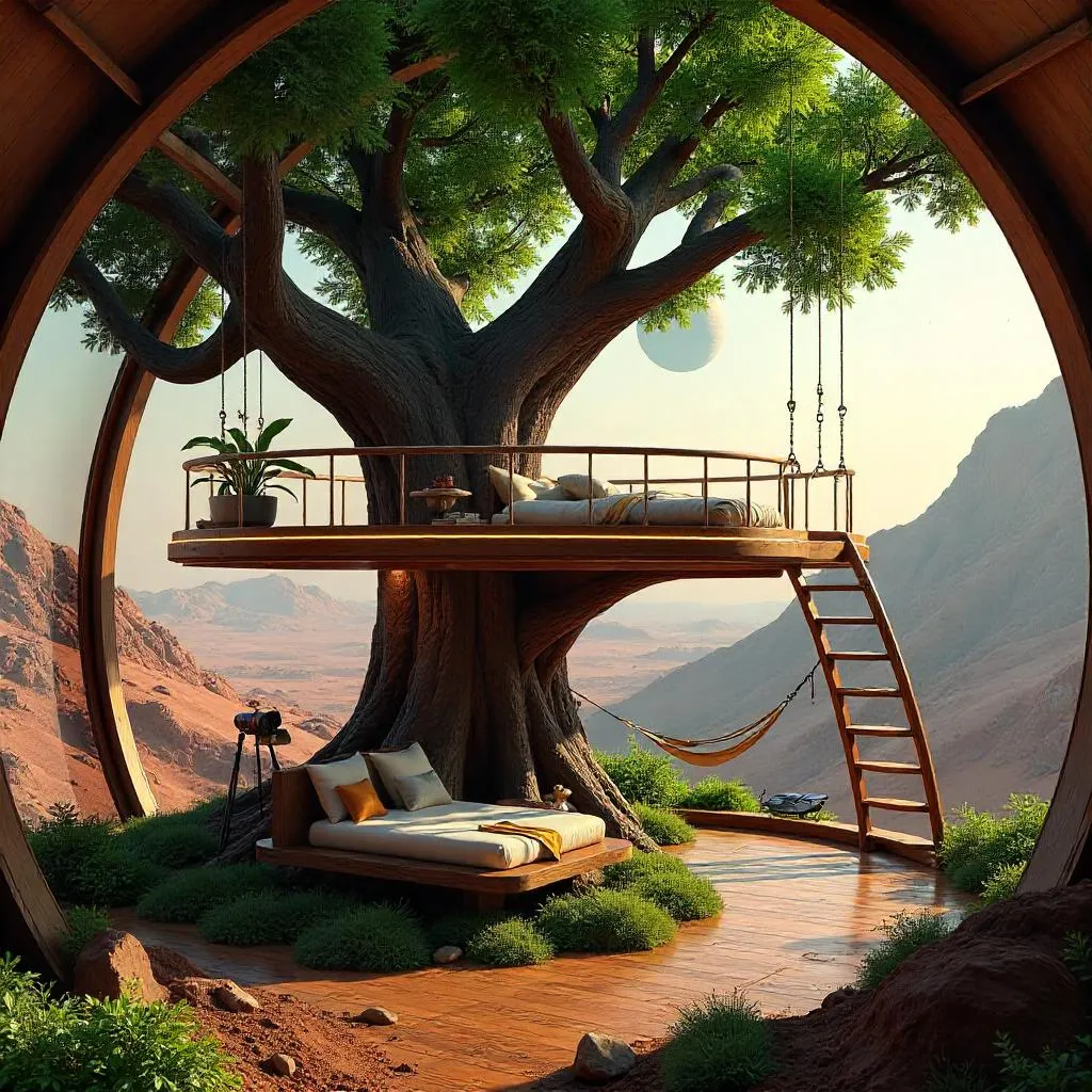 Photorealistic Treehouse in a Martian Space Colony Dome