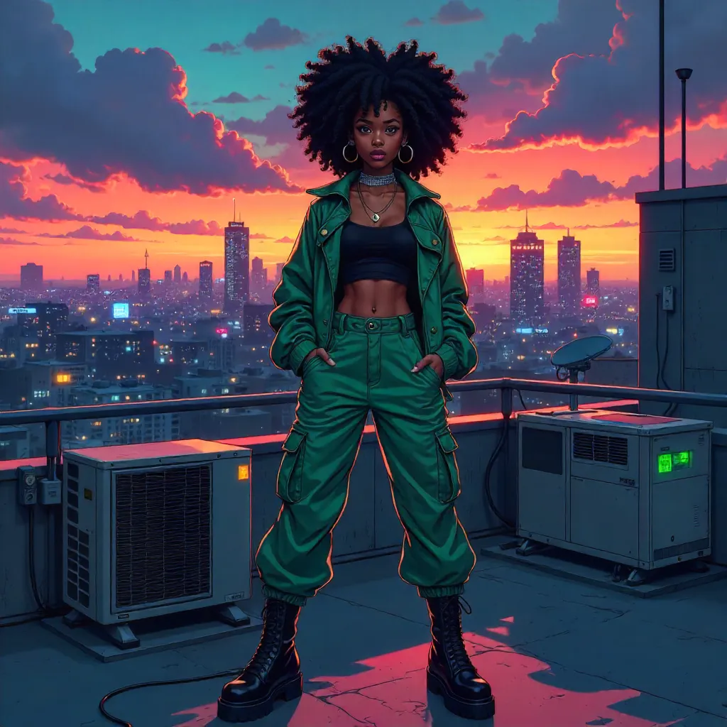 Rooftop Neon: Anime-Style Black Woman in Fashion