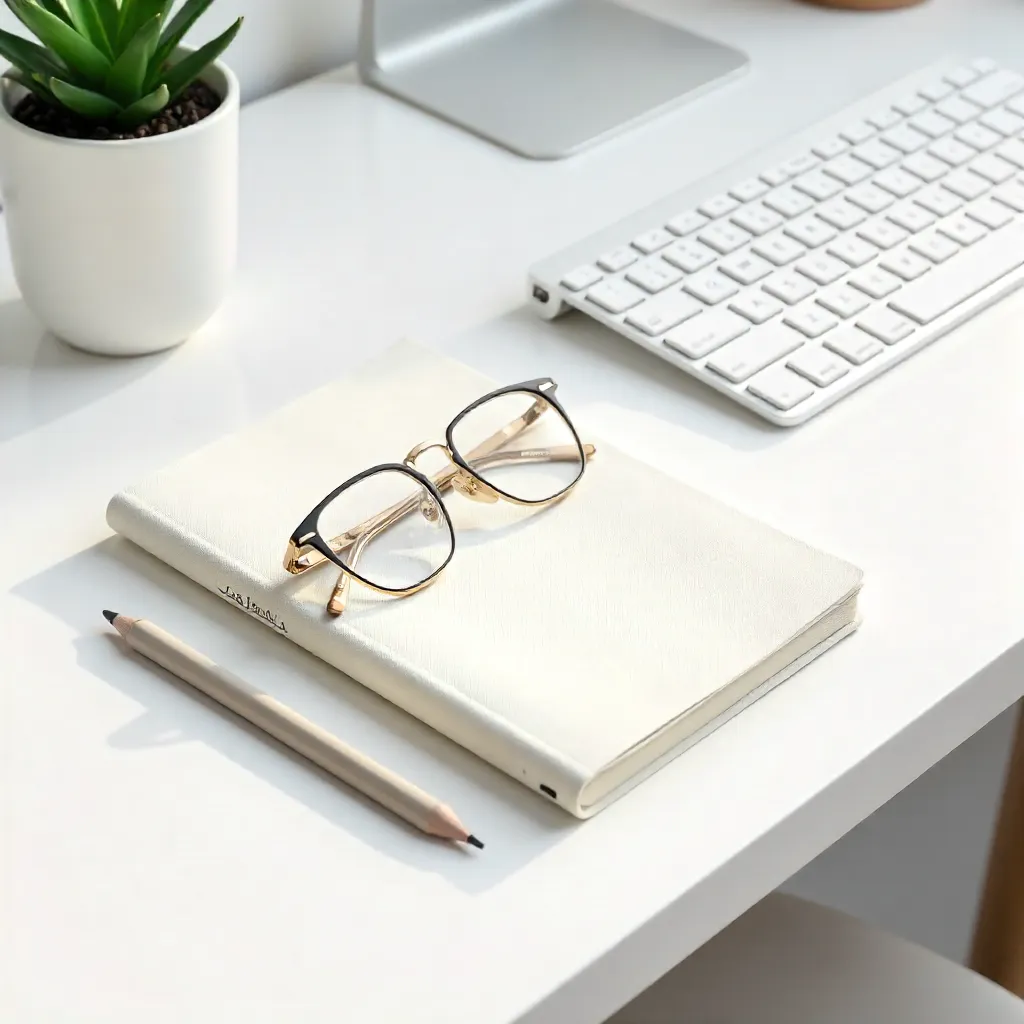 Minimalist White Home Office with Glasses and Stationery