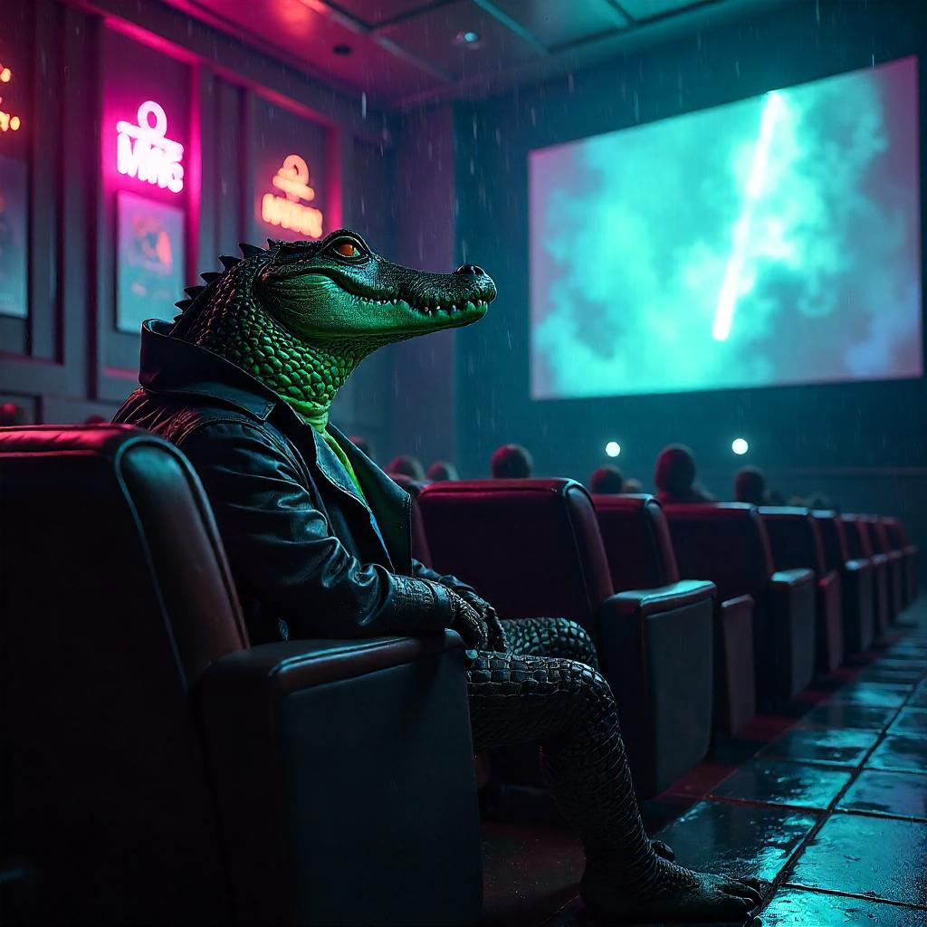 Neon Crocodile in a Cyberpunk Cinema