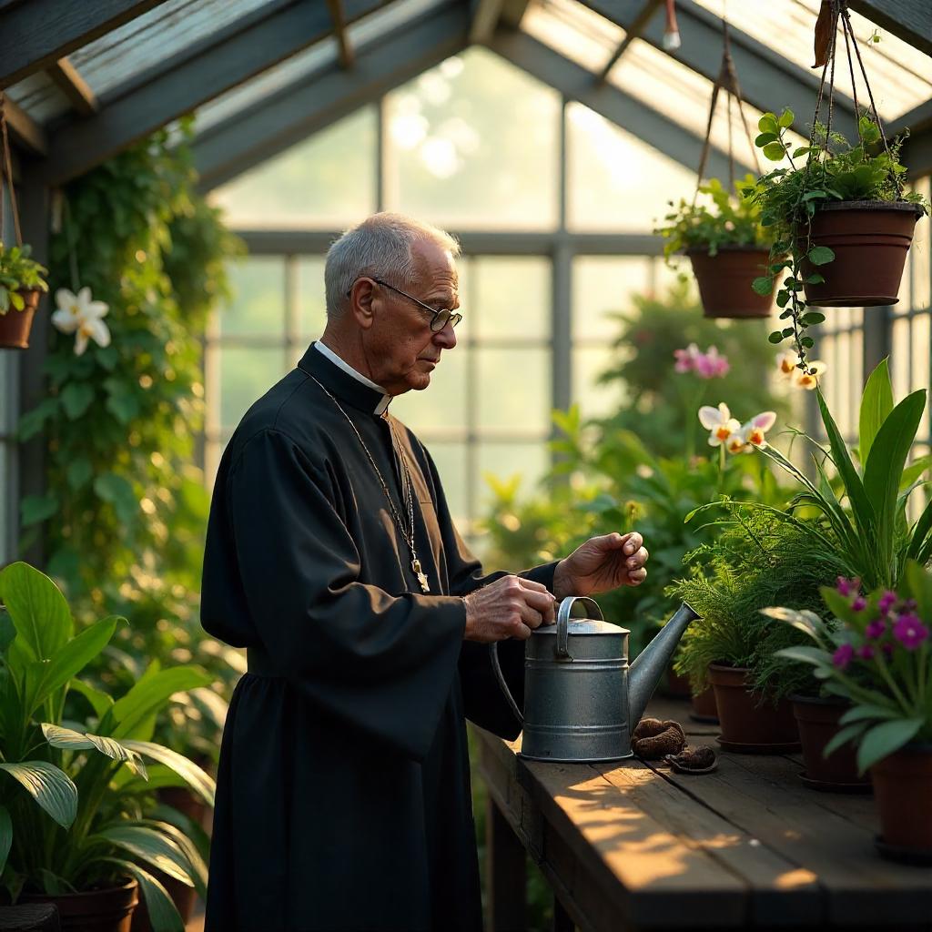 Photorealistic Priest in a Serene Greenhouse