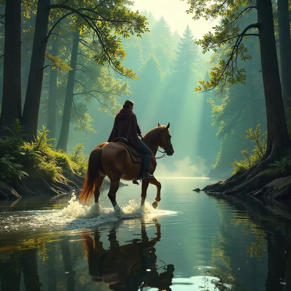 Rider and Horse Crossing a Serene Forest River