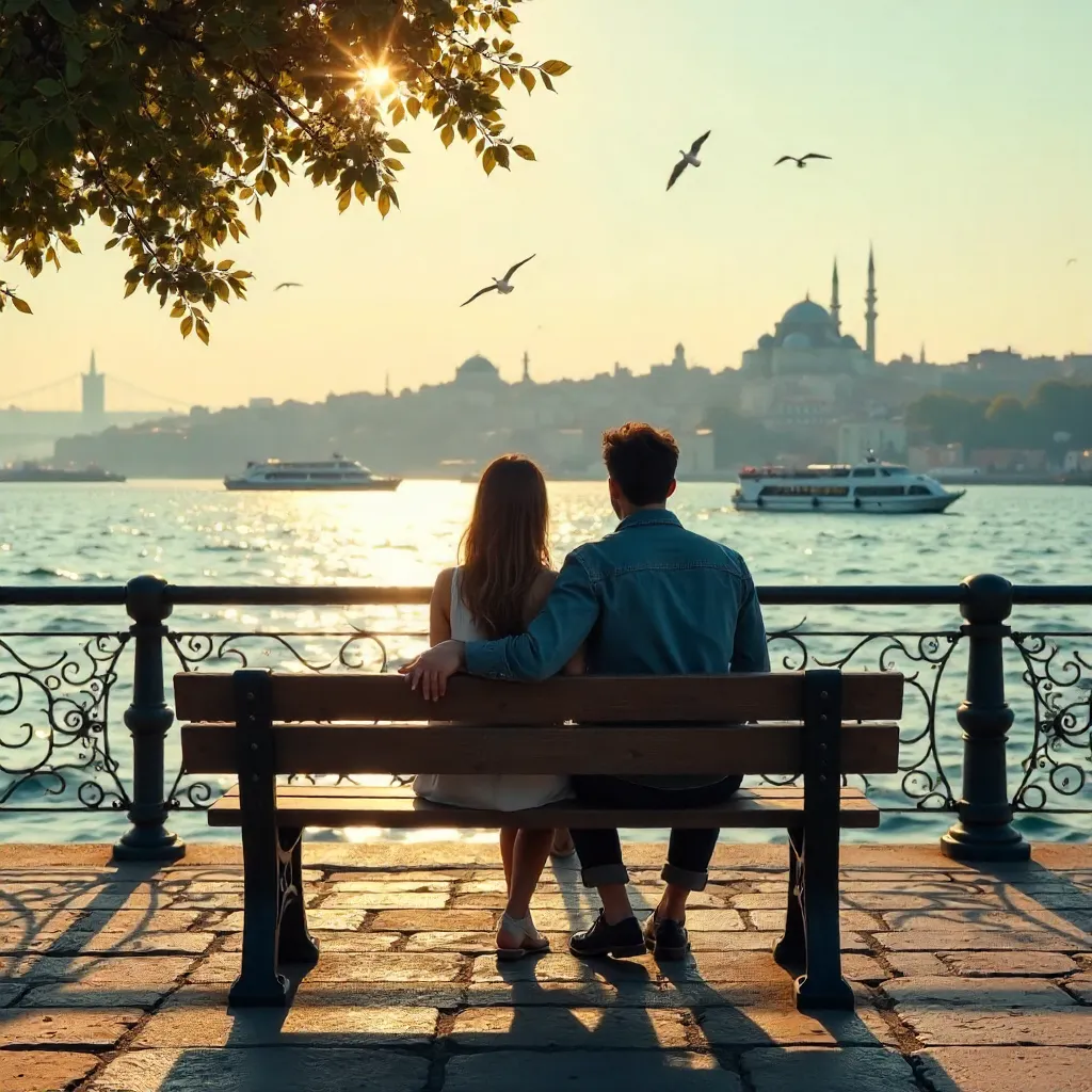 Romantic Istanbul Waterfront Bench at Golden Hour