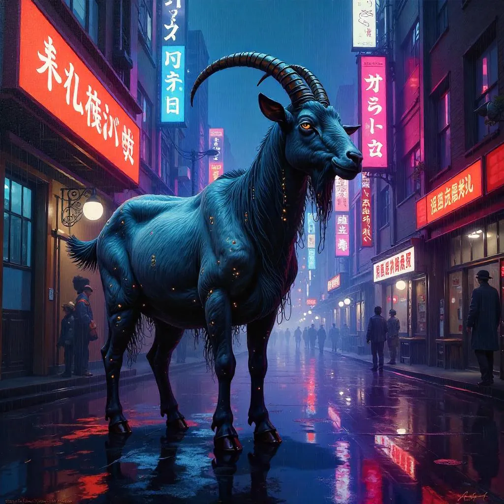 Neon Hoof: A Cyberpunk Goat in an Oil Painting