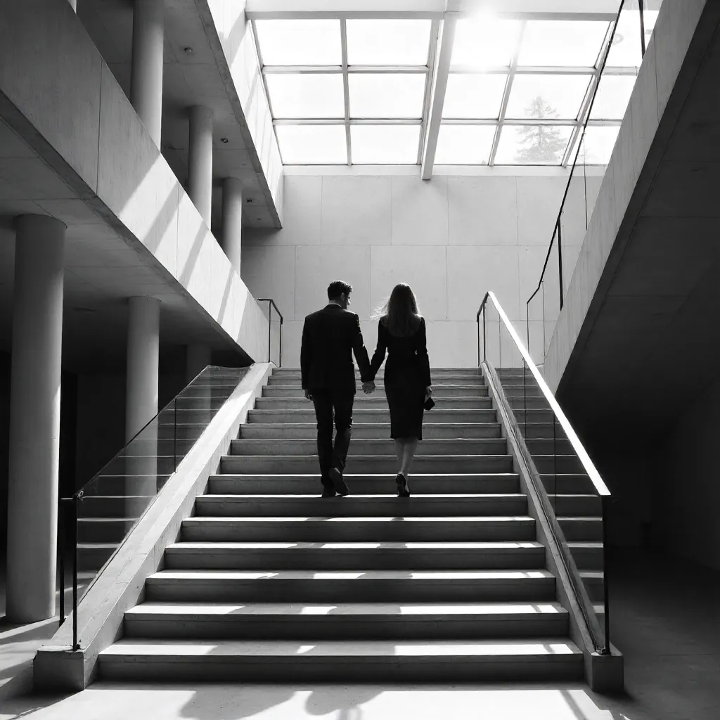 Monochrome Lovers on a Modern Staircase