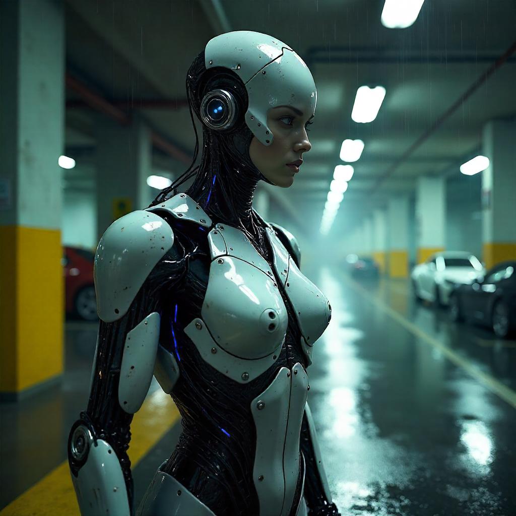 Neon-lit Cyborg in a Parking Garage