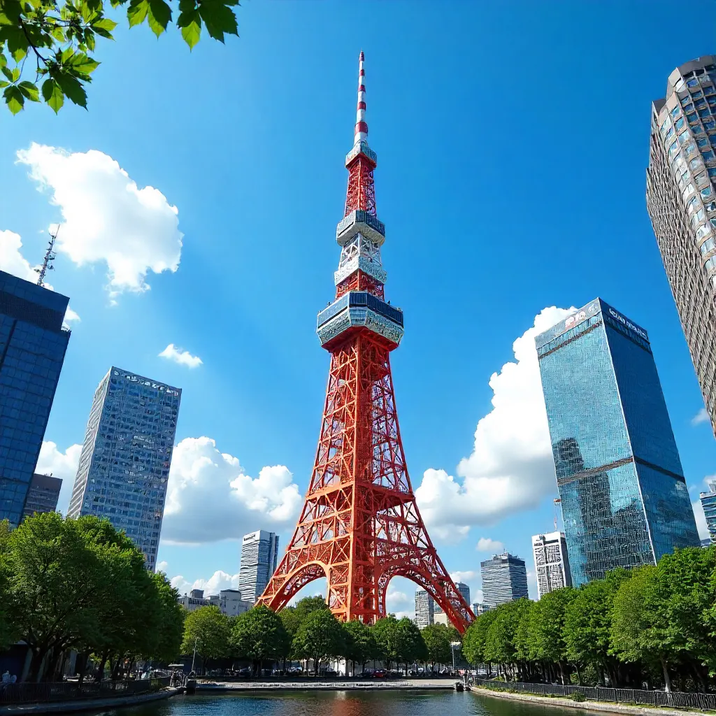 Sunny View of Tokyo Tower Amid Minato City Skyline