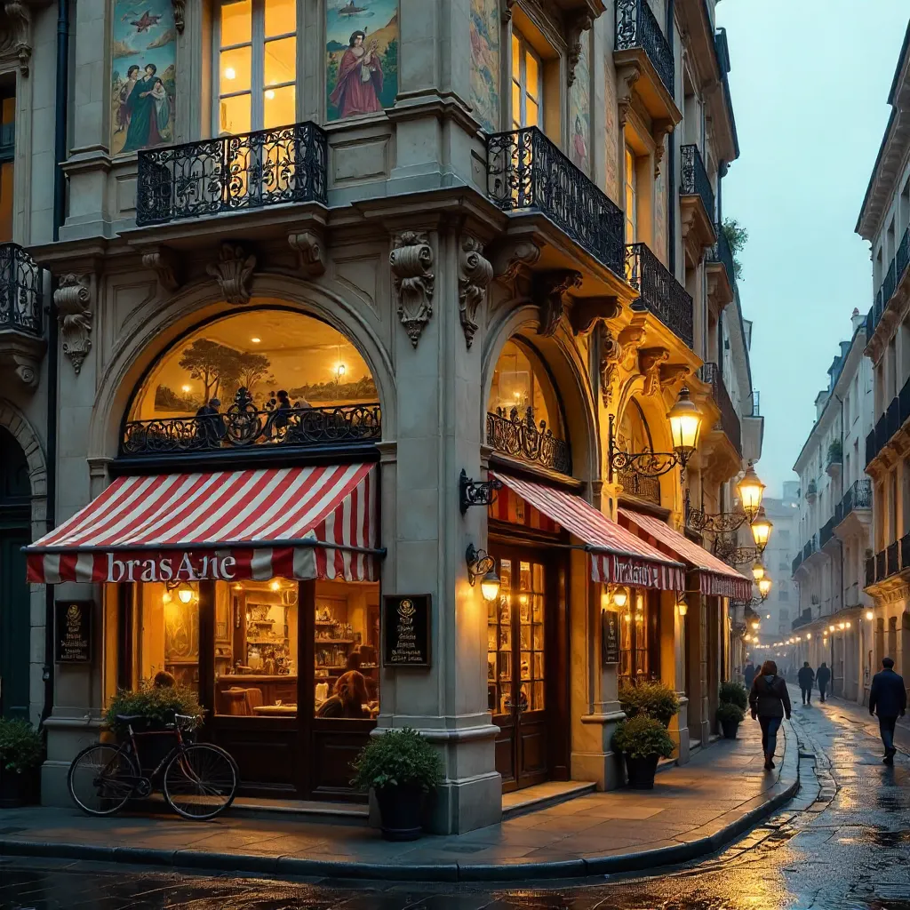 Historic European Brasserie Facade with Murals