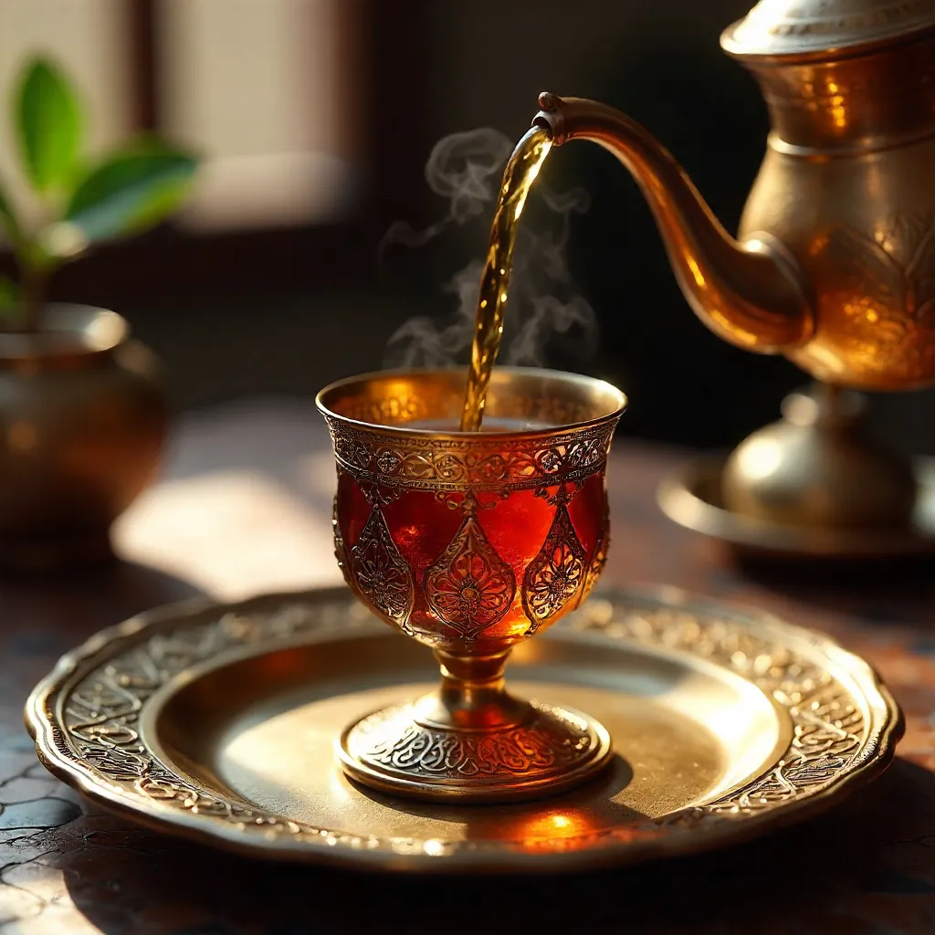 Amber Tea Pour into Filigree Ornate Glass