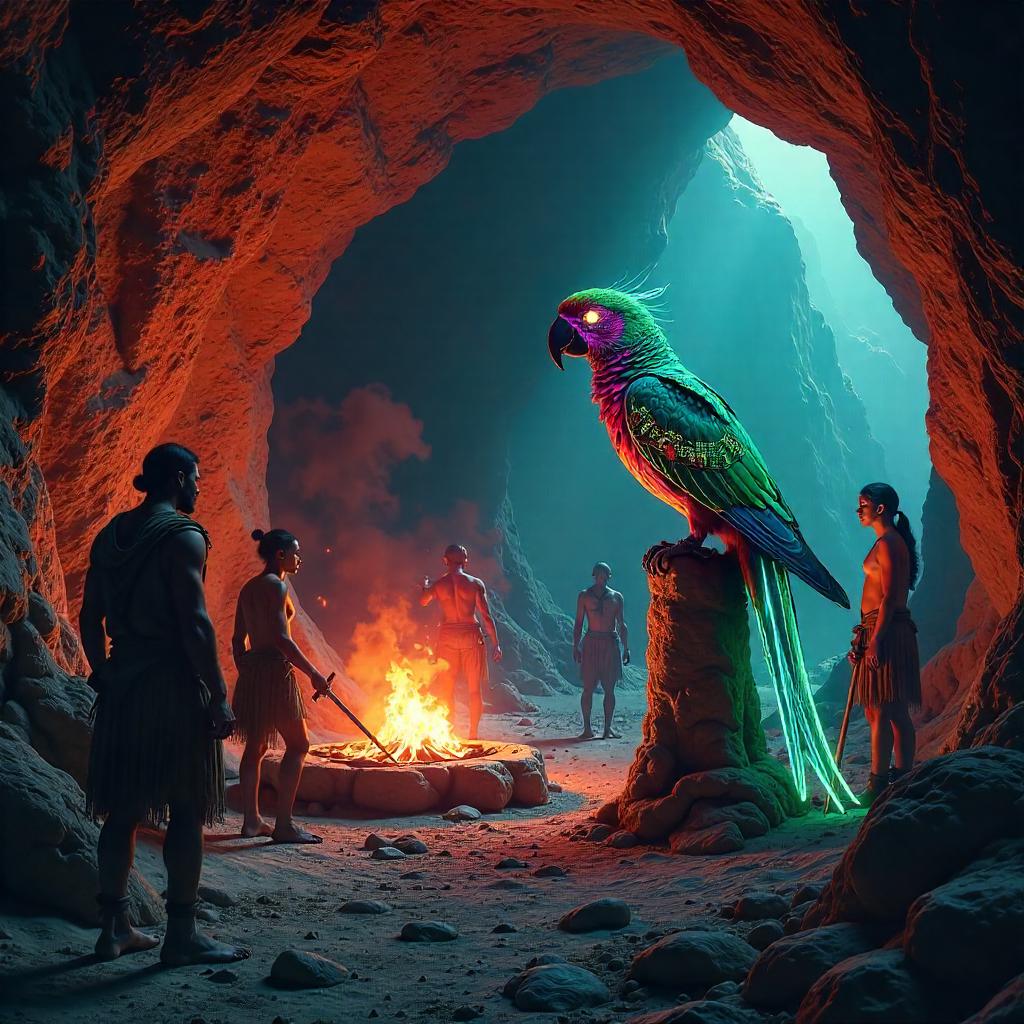 Neon Parrot in a Stone Age Cyberpunk Cave