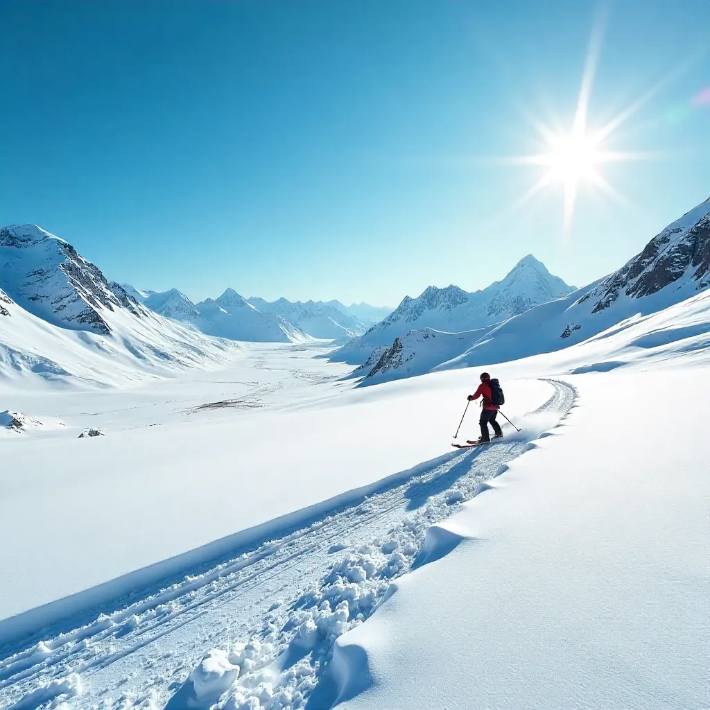 Lone Skier Across a Vast Snowy Landscape