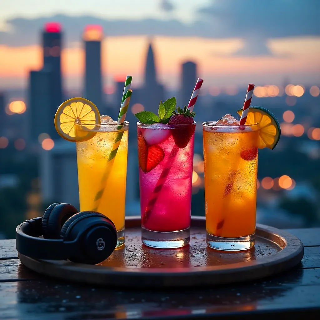 Urban Summer Drinks on Tray with Headphones