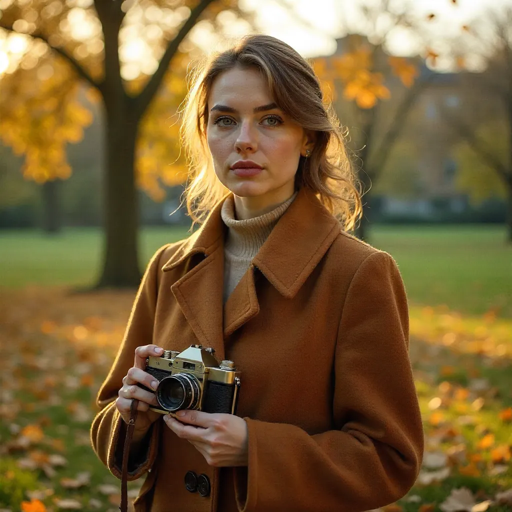 Brown Coat with Vintage Camera Outdoors