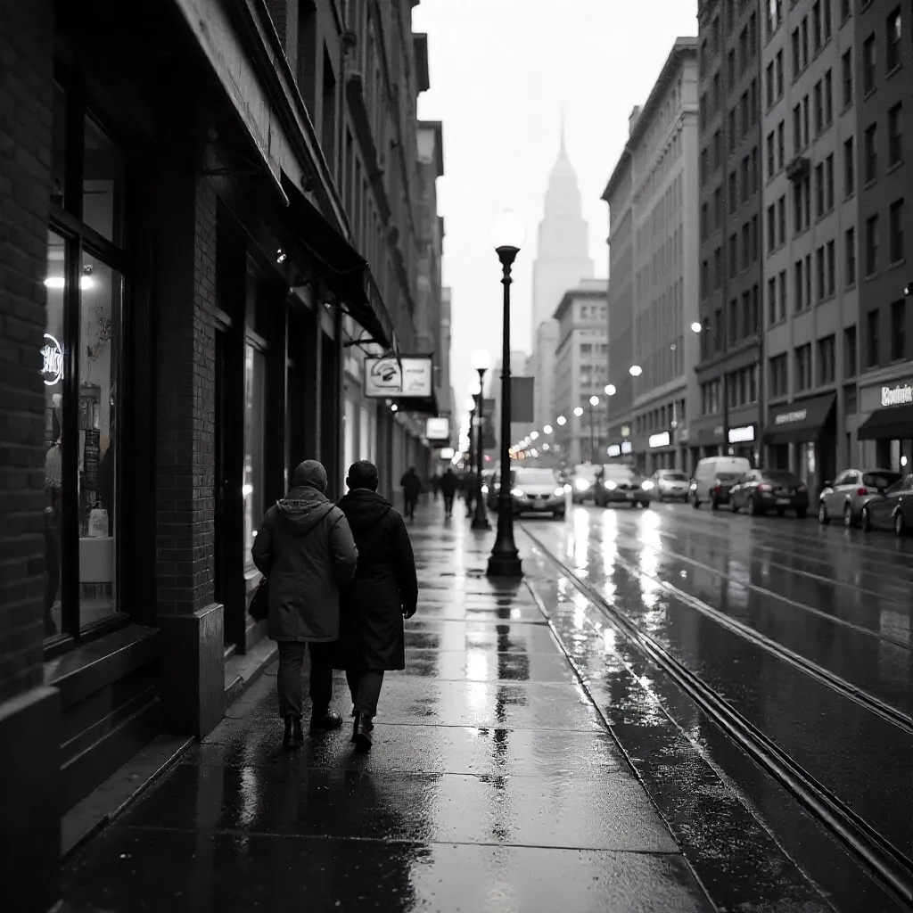 Monochrome Downtown Portland: Two Walkers