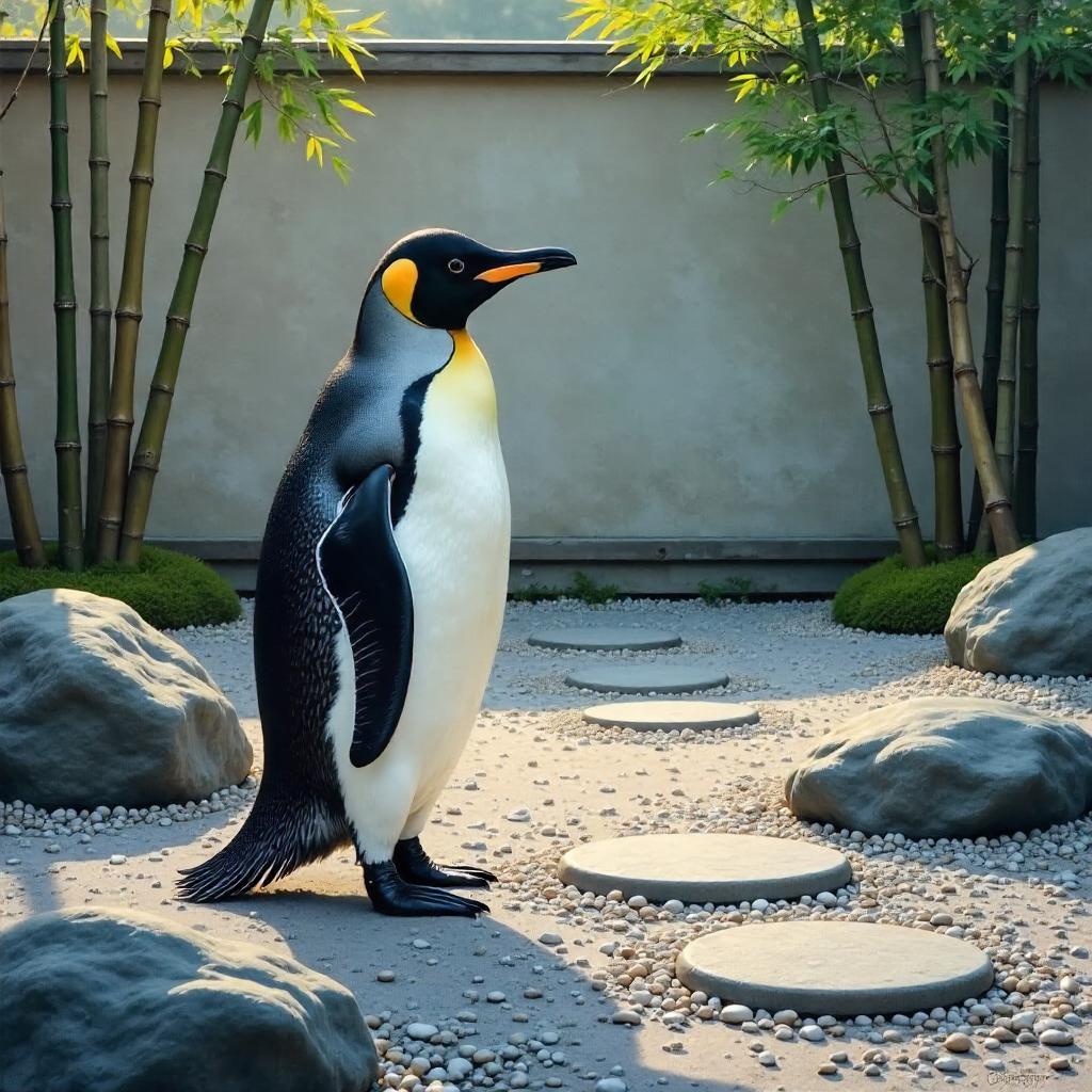 Zen Garden Penguin in Oil Painting