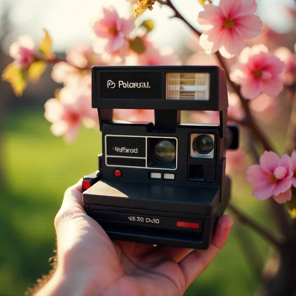 Close-Up of a Vintage Polaroid with Spring Blossoms